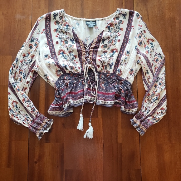 Angie Tops - Angie Cream Gray/Purple Orange Floral Crop Top
